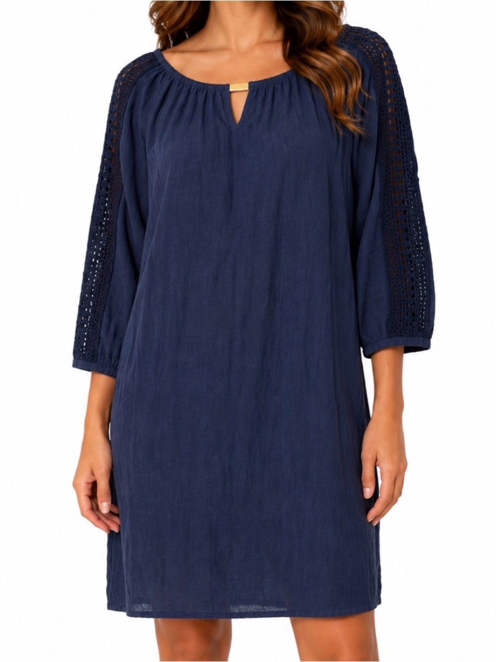 Indigo Rose  Navy Blue Crochet Sleeve Keyhole Shift Dress Gold Detail SZ MD